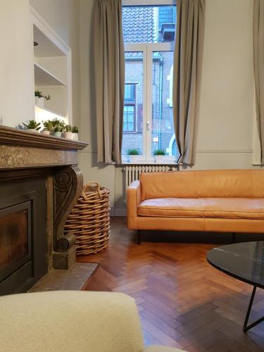 a living room with a couch and a fireplace at Homey - Kortrijk in Kortrijk