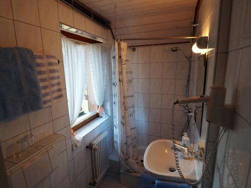 un bagno con lavandino e finestra di Landgasthof Zum Schwarzen Grat a Isny im Allgäu