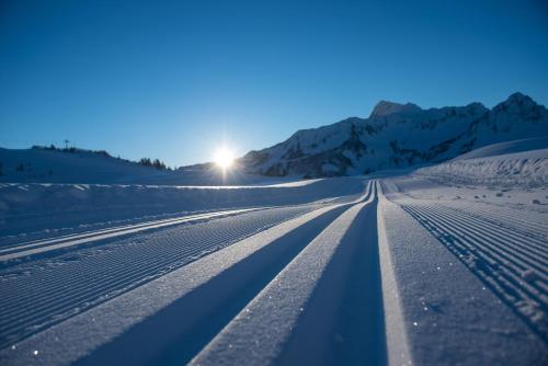 a road in the snow with the sun in the background at Haus Roswitha in Damuls