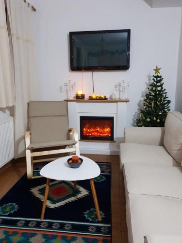 - un salon avec un canapé et une cheminée dans l'établissement Fairytale apartment close to Bradu Ski Slope, à Poiana Brasov