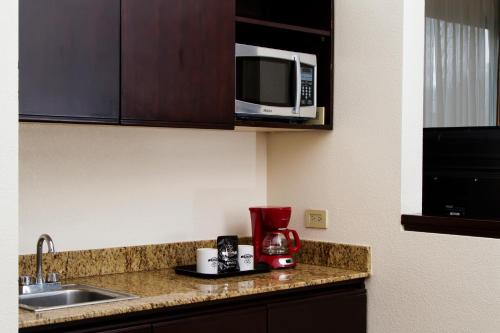 a kitchen with a counter top with a microwave at Rincon del Valle Hotel & Suites in San José
