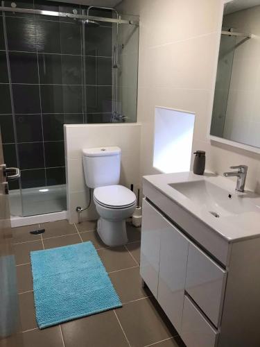 a bathroom with a toilet and a sink and a shower at Quinta da Retorta in Pinhel