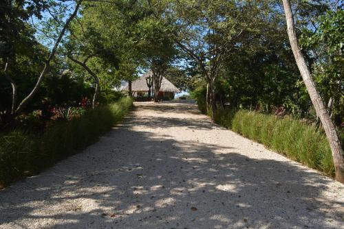 a dirt road with a house in the distance at Mikado Natural Lodge in Playa Avellana