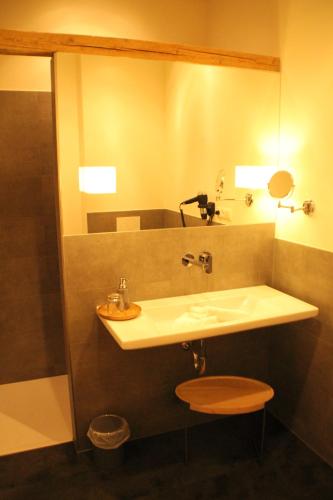 a bathroom with a sink and a mirror at Tauber Lodge in Creglingen