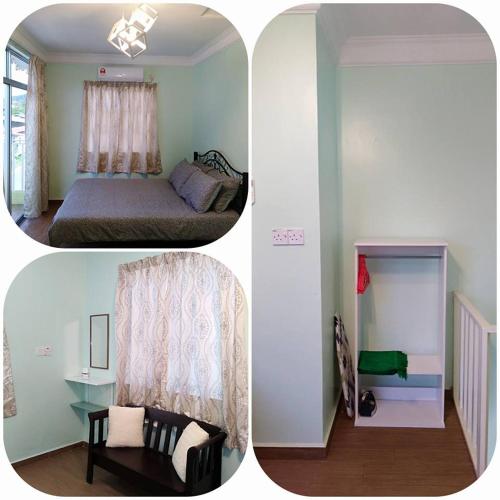 two pictures of a bedroom with a bed and a chair at M's Place Chalet Bed&Breakfast in George Town