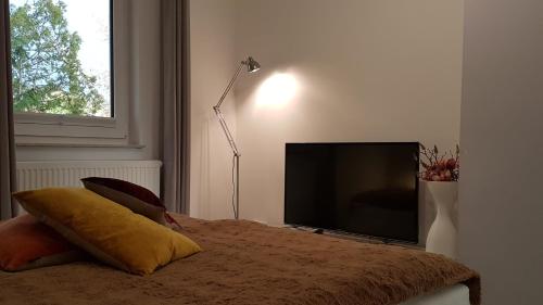a bedroom with a bed with a television and a lamp at Ferienhaus Meeresrauschen in Binz