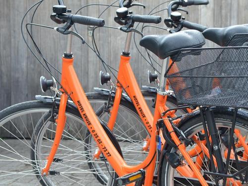 2 biciclette arancioni sono parcheggiate l'una accanto all'altra di Hotel Gasthof Kruse a Nottuln