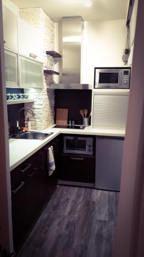 a kitchen with a sink and a microwave at Apartmán Lucie in Pardubice