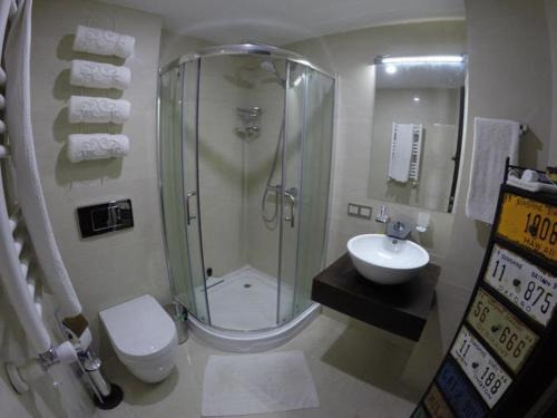 a bathroom with a shower and a toilet and a sink at Redco №1 Apartament Gondola LIft in Gudauri