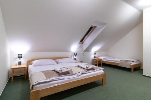 a bedroom with two beds in a attic at Penzion U řízků in Rapotín