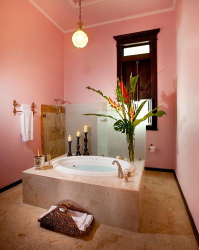 a bathroom with a tub with a vase of flowers at Casa Azul Monumento Historico in Mérida