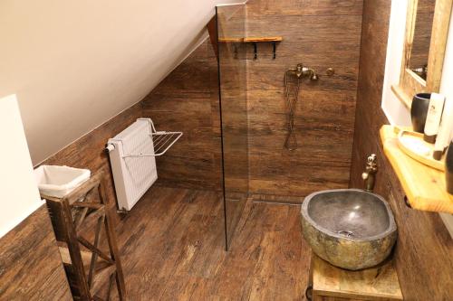 y baño con ducha y un cuenco de piedra. en Gorska Reka Guesthouse, en Zreče