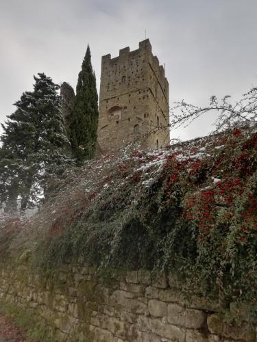 a castle sitting on top of a hill with flowers at La Casina in Stia