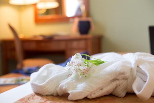 a towel with flowers on top of a table at Country Hotel & Resort I Calanchi in Ripatransone