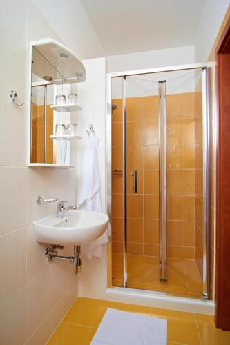 a bathroom with a sink and a shower at Penzión Donet in Bratislava