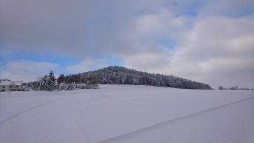a snow covered field with a mountain in the background at Fewo Peter Erholungsort Bärenstein in Bärenstein