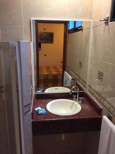 a bathroom counter with a sink and a mirror at Hotel Plaza Crystal in Xalapa