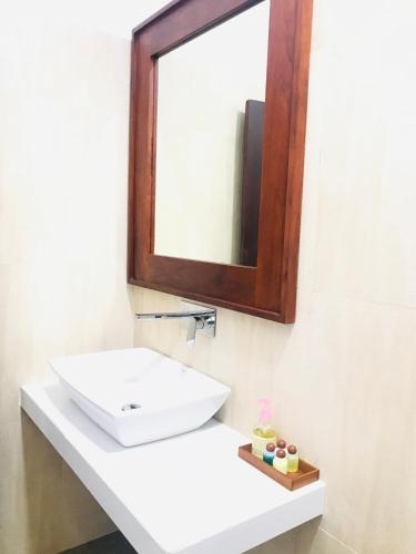 a bathroom with a white sink and a mirror at Siluni's Villa in Anuradhapura