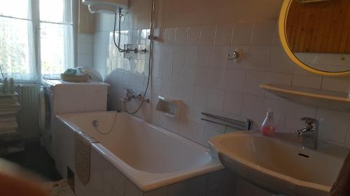 a bathroom with a tub and a sink at Sovica in Bled
