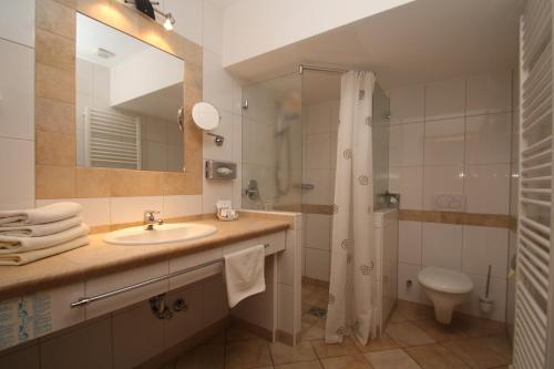 a bathroom with a sink and a shower and a toilet at Hotel-Restaurant Gasthaus Bonimeier in Niedergottsau
