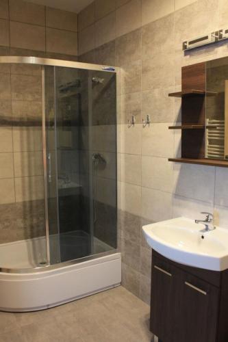 a bathroom with a shower and a sink at Pokoje nad Nysą Olszyna in Olszyna