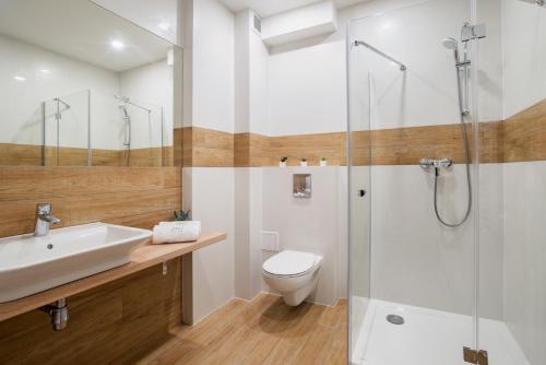 La salle de bains est pourvue d'une douche, de toilettes et d'un lavabo. dans l'établissement Willa Mała Czyrna, à Szczyrk