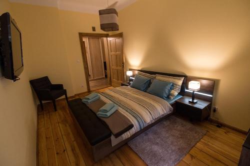 - une chambre avec un grand lit et une télévision dans l'établissement Apartamenty Centrum, à Szklarska Poręba