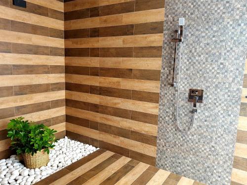 a bathroom with a shower with a plant at Kings Landing Unawatuna in Unawatuna