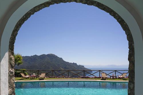 a view from the pool at a resort at Palazzo Avino in Ravello