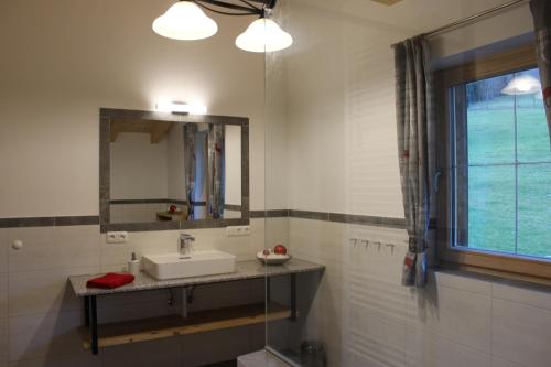 a bathroom with a sink and a mirror and a window at Ferienhaus Schwab in Mittersill