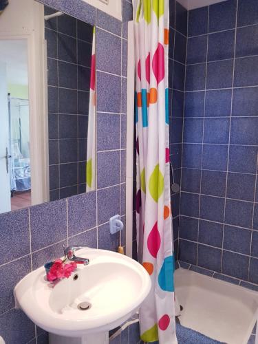 a bathroom with a sink and a shower curtain at Ti coin de paradis Ylang Ylang in Le Diamant