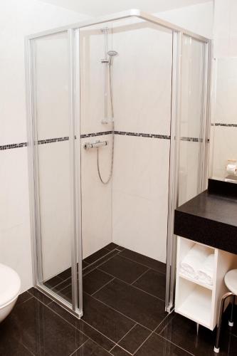 a shower with a glass door in a bathroom at Stadthotel Stern in Wismar