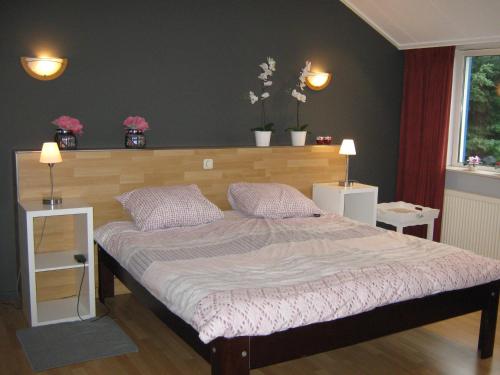 a bedroom with a large bed with a wooden headboard at B&B De Tobbedanser Harlingen in Harlingen