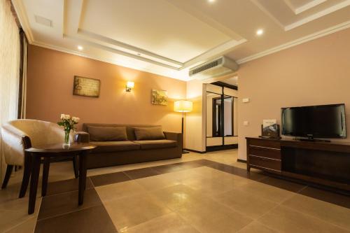 a living room with a couch and a tv at Belle Royalle in Lisarnya