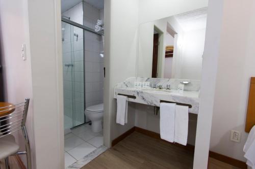 ein Bad mit einem Waschbecken, einer Dusche und einem WC in der Unterkunft Di Giulio Hotel in São José dos Campos