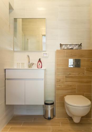 a bathroom with a white toilet and a sink at House On The Mountain in Neve Ativ