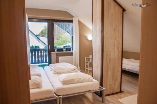 MürlenbachにあるFamiliehuis Dolveのベッド3台と窓が備わる客室です。