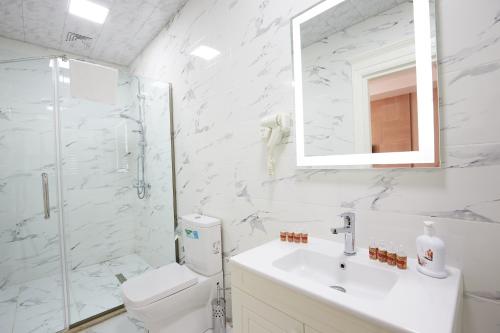 a bathroom with a toilet and a sink and a mirror at NOBEL Hotel in Baku