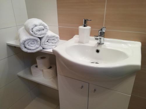 baño con lavabo y toallas en un estante en Domki letniskowe HOLIDAY, en Ustronie Morskie