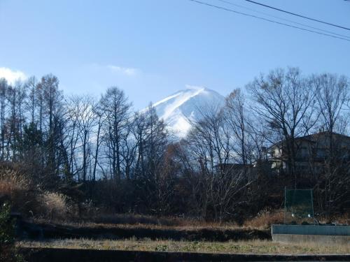 a snow covered mountain in the distance behind trees at Kuranoyado Matsuya in Fujikawaguchiko