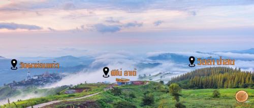 three different views of a mountain in the clouds at Villa PaSon in Khao Kho