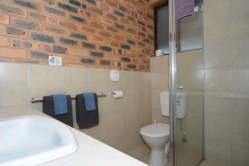 a bathroom with a toilet and a glass shower at Sandhurst Motor Inn Bendigo in Bendigo