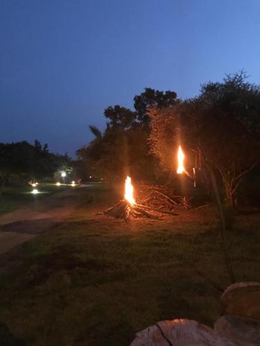 a fire pit on the side of a road at night at Yala Peace Cottages in Tissamaharama