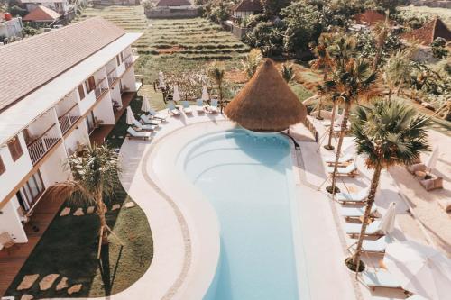 una vista aérea de la piscina del complejo con palmeras en Kos One Hostel, en Canggu