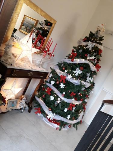 two christmas trees in a living room with a piano at A casa di Simona in Monreale