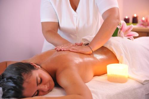 a woman getting a back massage in a spa at Hotel Des Roses in Antey-Saint-André