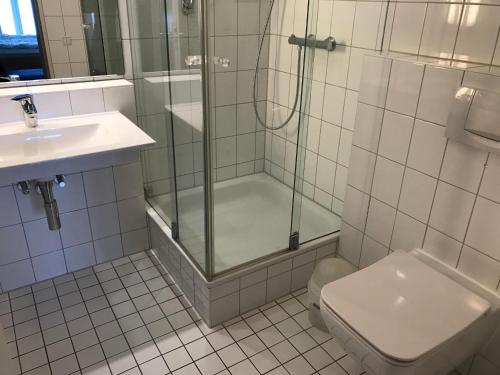 a bathroom with a shower and a toilet and a sink at Komfortapartment Zingster-Meerblick in Zingst