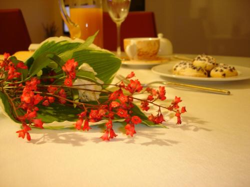 a plate of food on a table with red flowers at La Casa di Linda in Mirano