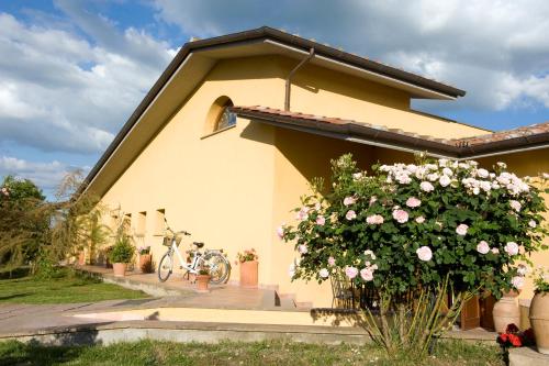 a house with a bicycle parked outside of it at Le Macerine in Castiglione del Lago