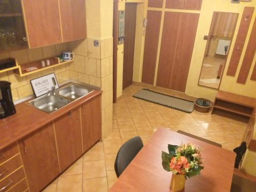 a kitchen with a table with a vase of flowers on it at Apartament Sonia ARHB 3 camere in Bucharest